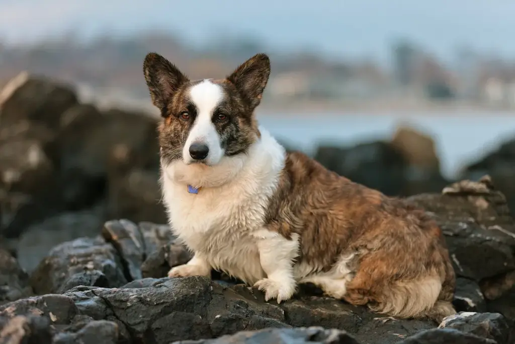 Corgi cardigan tigrado e branco deitado sobre pedras à beira-mar